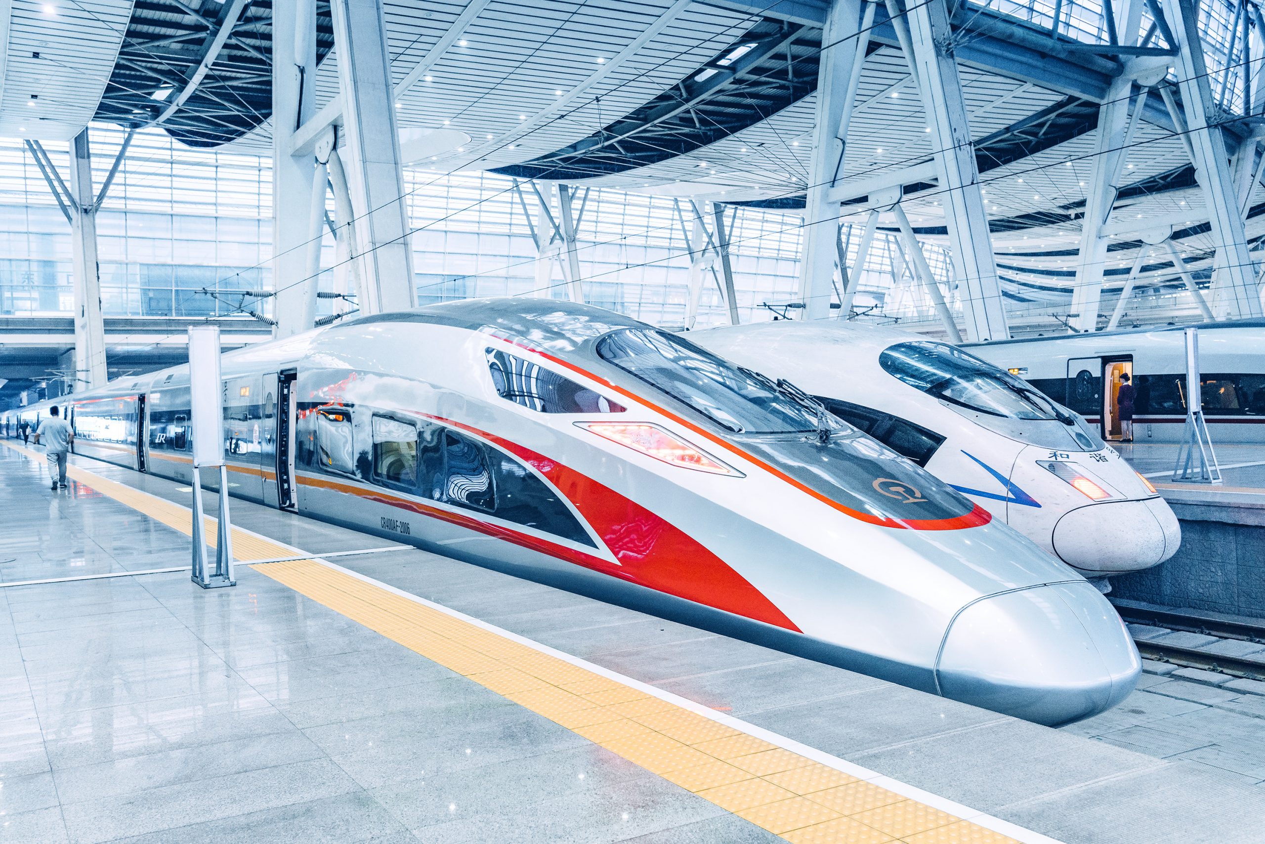 Modern High speed trains in Beijing, China Beijing, China - April 18, 2018: View of Modern High speed Bullet trains in Beijing south train station, China