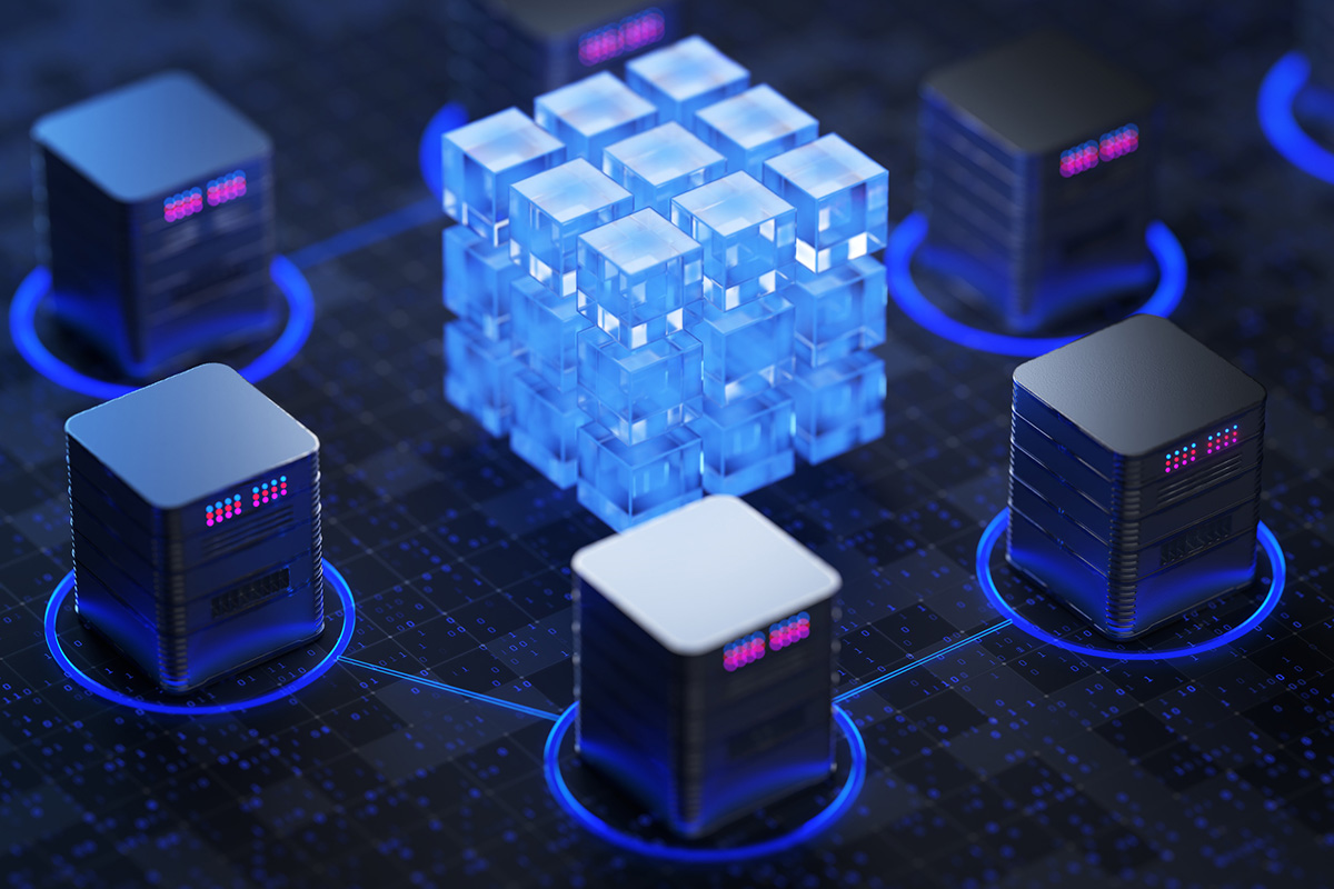 Big data center concept, cloud database, server power station of the future. Data transfer technology. Synchronization of personal information. Cube or box Block chain of abstract financial data. 3d render..